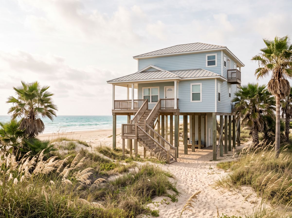 A raised beach house on pilings with palm trees on South Padre Island, Texas