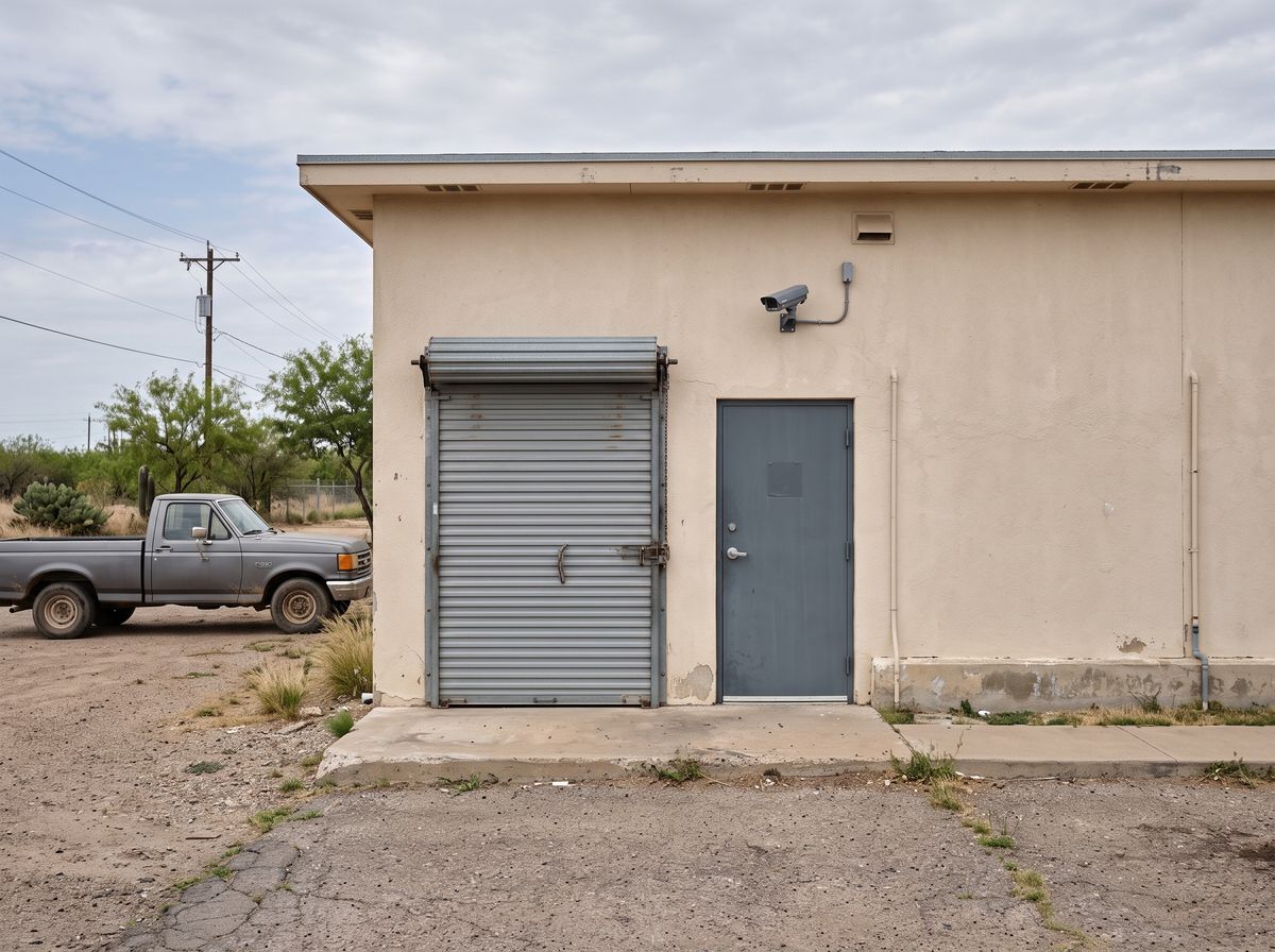 A commercial camera on a stucco wall watching a loading door and parking lot behind a small business