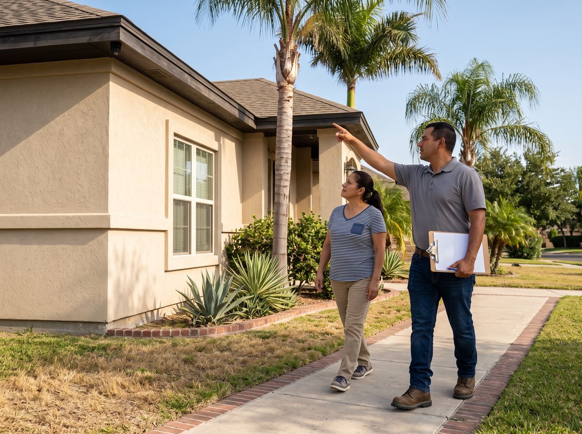 A technician walking a homeowner around her house, pointing out where a camera will go