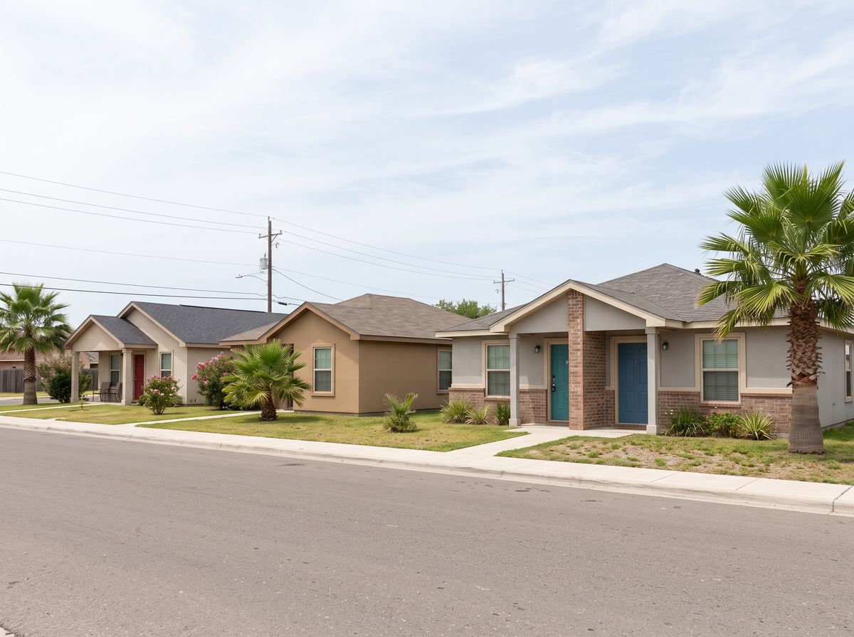 A row of small single-story rental homes on a quiet street in Edinburg, Texas