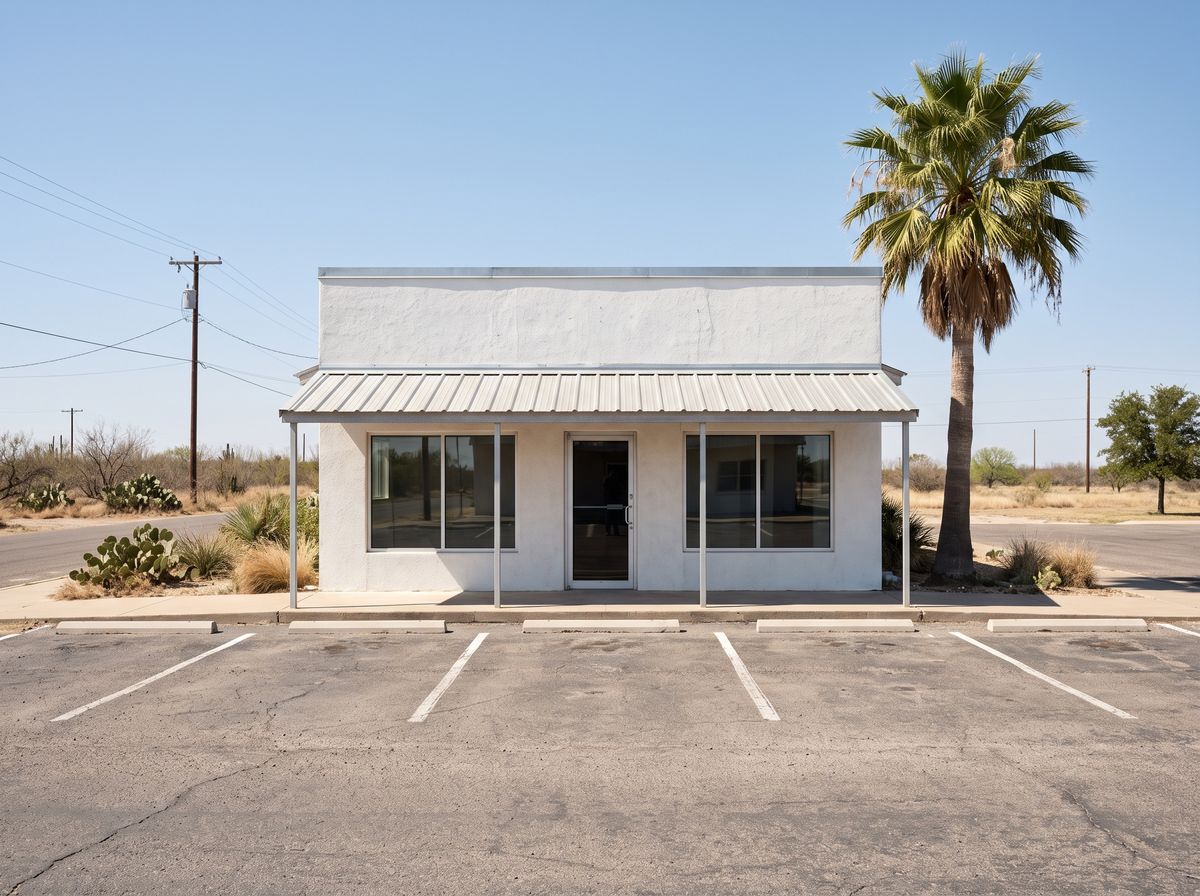 A small white stucco storefront with a metal awning and a palm tree in a Rio Grande Valley town