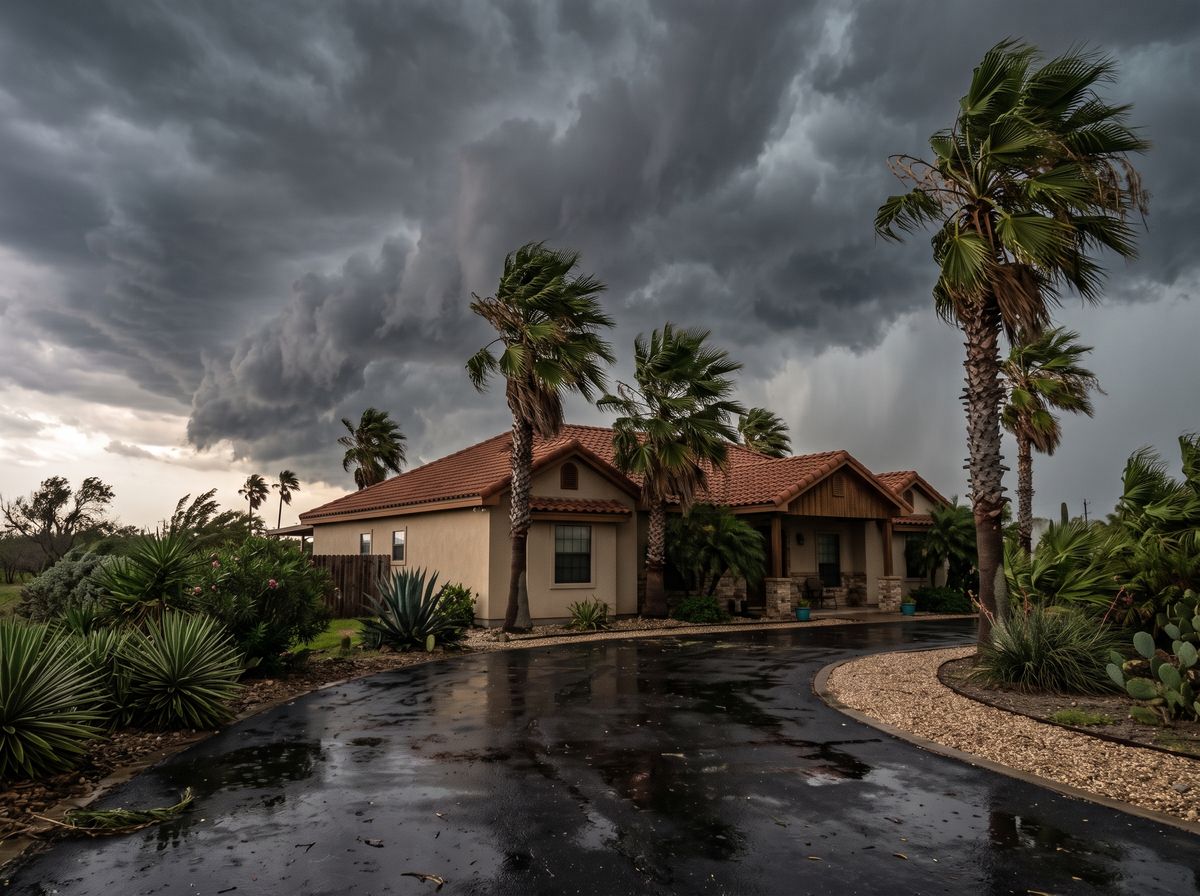 Dark storm clouds building over a stucco house and palm trees in the Rio Grande Valley