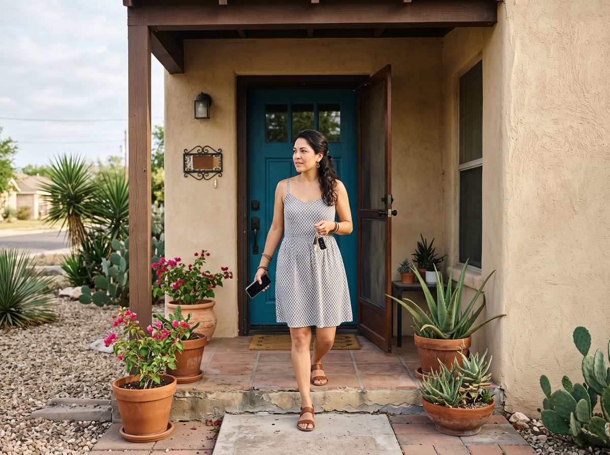 A woman at the front door of a stucco house holding a phone, keys in her other hand