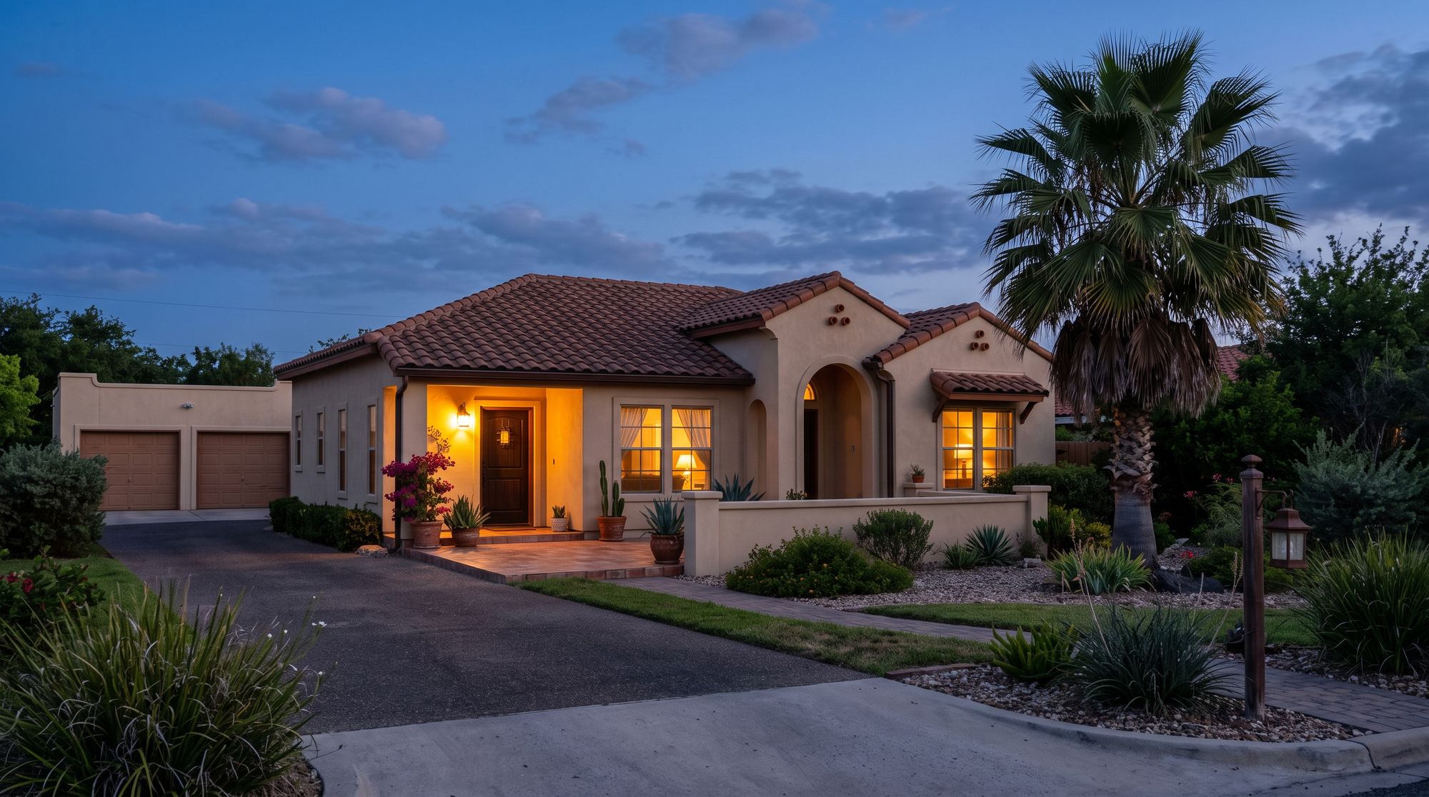 A house at dusk with its lights on