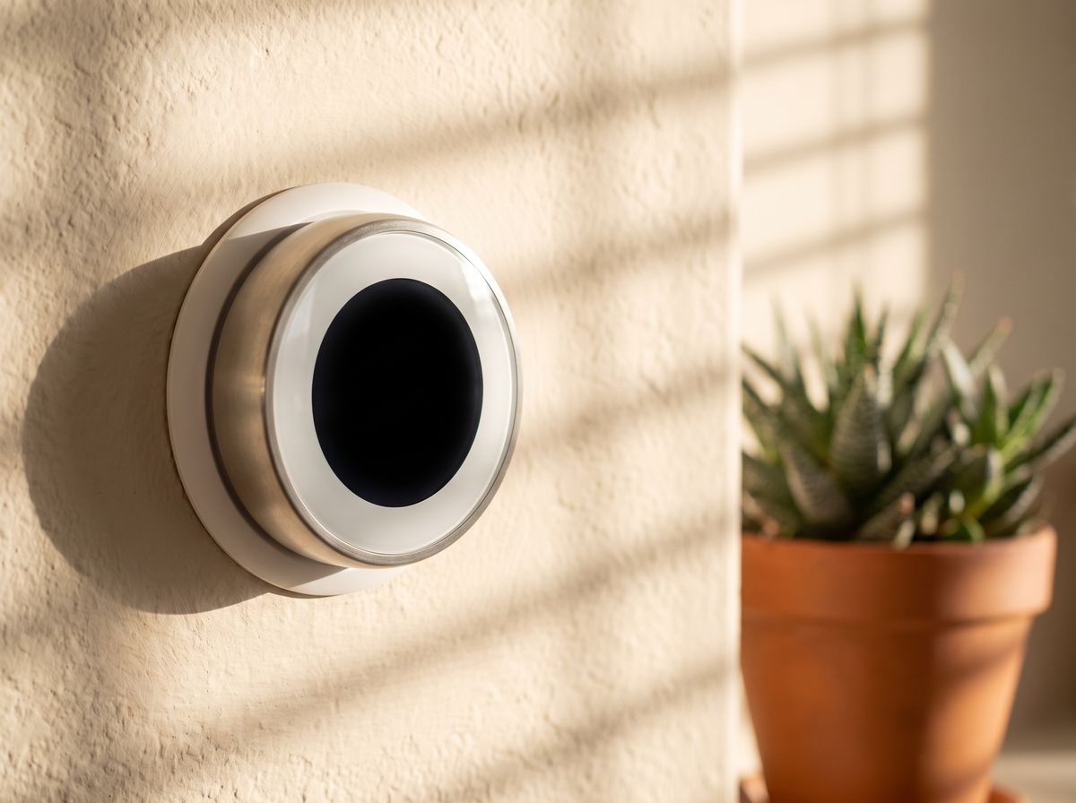 A thermostat on a living room wall in a stucco home with afternoon light through the blinds