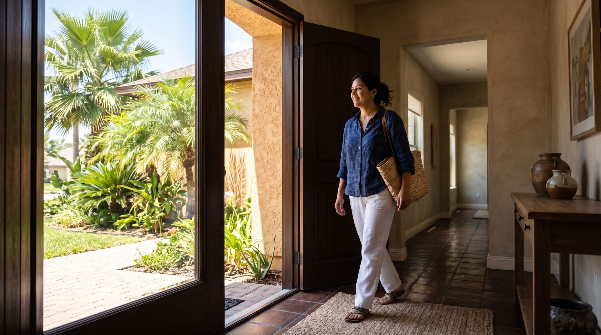 A woman walking in through the front door of a cool house