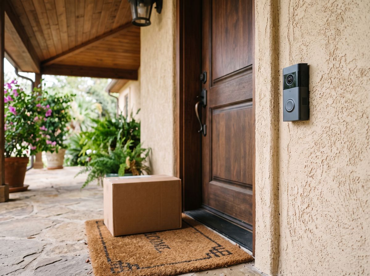 A video doorbell beside the front door of a stucco house with a covered porch