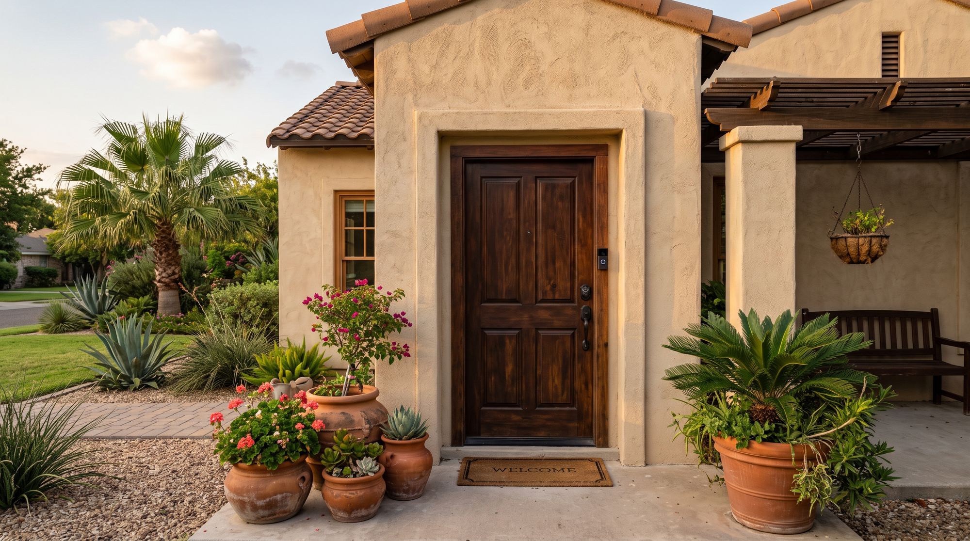 A front door with a video doorbell beside it