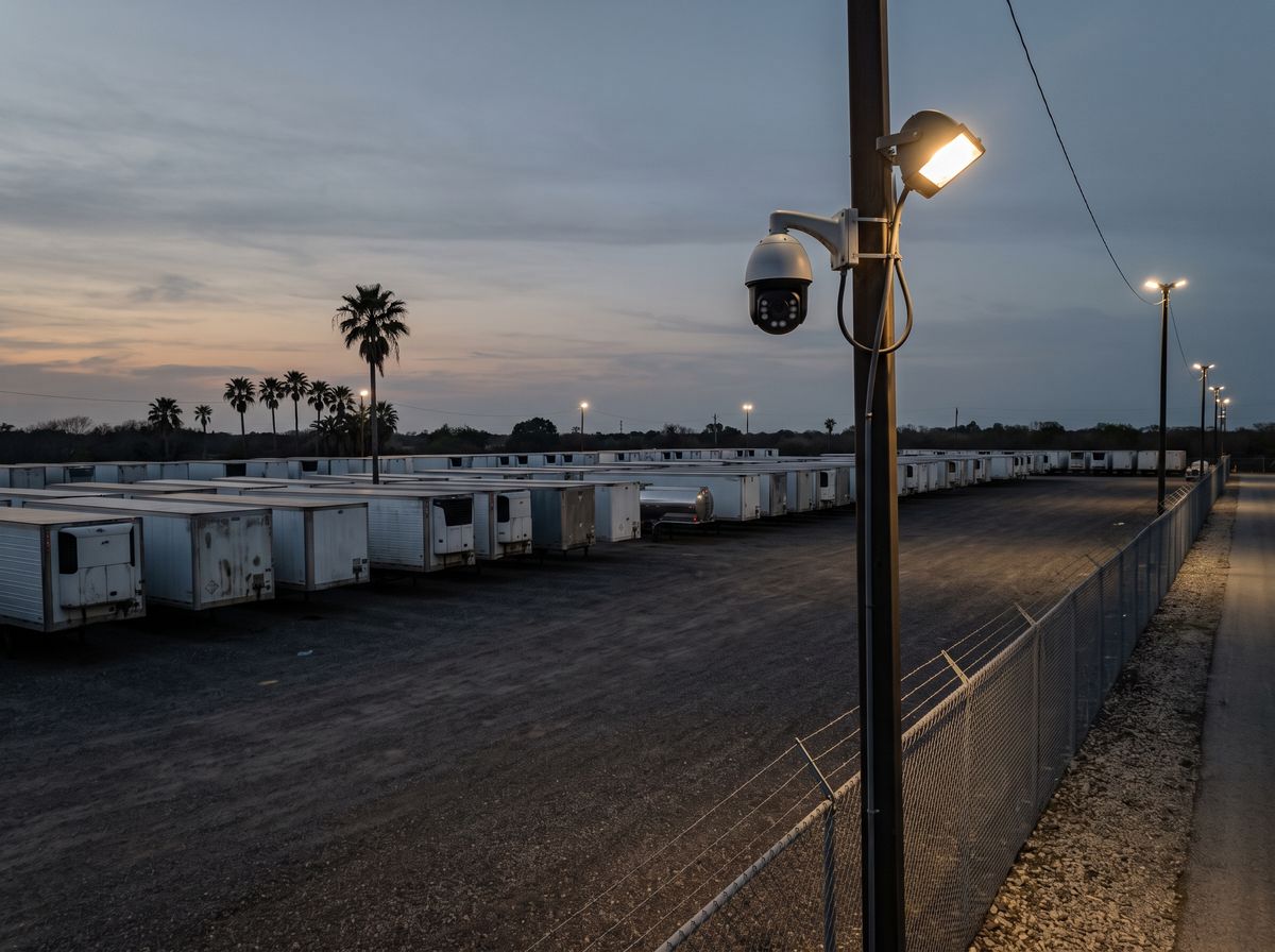A camera and light on a pole over a trucking yard at dusk