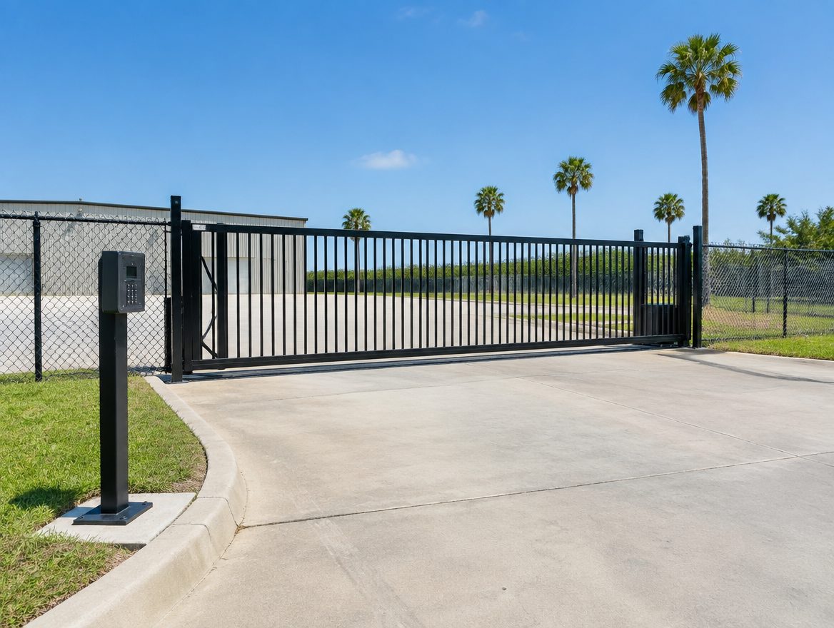 A sliding security gate with a keypad post at the entrance to a fenced yard